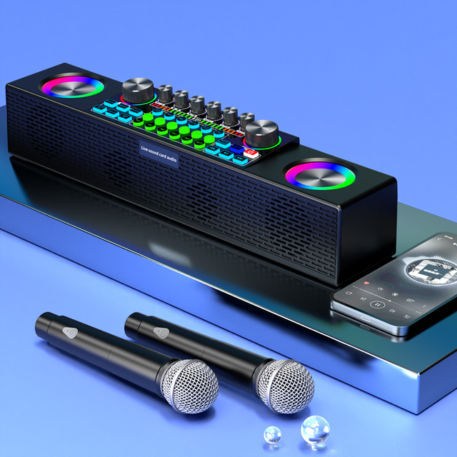 Portable Karaoke Speaker with Wireless Microphone Set with Sound Effect Voice Changer Liver Streaming Sound Card Audio Tunne