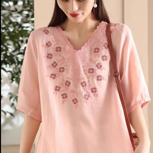 Cotton Linen Sheer Embroidered Shirt Women V Neck Mid Sleeve Pullover Elegant <b>Top</b> Everyday Wear - Product Image 3