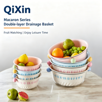 Passoire pliable Macaron de qualité alimentaire à 2 couches, panier de lavage pliable pour fruits et légumes, compatible lave-vaisselle, transparent, en plastique injecté pour évier
