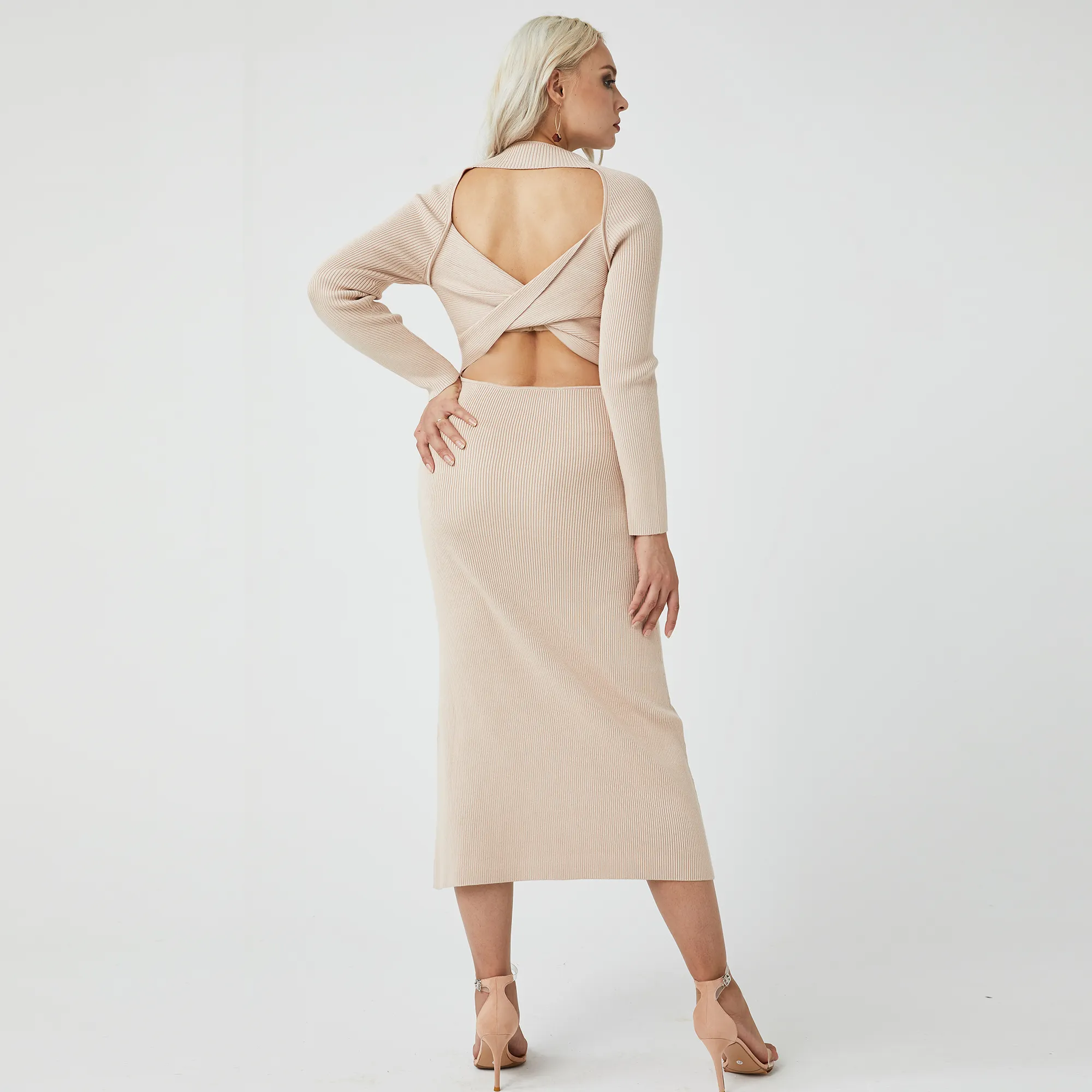 Gaun Sweater Rajut Wanita Desain Backless Baju Rajut Kualitas Tinggi Layak Dibeli Gaun Kasual Seksi Kustom Bodycon Leher Crew