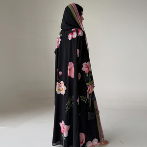 Abaya <span class=keywords><strong>Kimono</strong></span> <span class=keywords><strong>Cardigan</strong></span> Modeste en Chiffon Imprimé à Manches Longues avec Hijab pour Femmes Musulmanes, Vêtement d'extérieur Maxi Ouvert sur le Devant à Motifs Floraux - Product Image 4