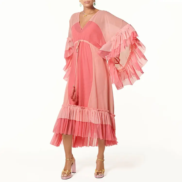 Famous Brands Designer New Ladies Swinging Flowy Maxi Dress Latest Women Ladies Pink Casual Chiffon Maxi Dress for Women