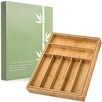 Grand organisateur de couverts en bois de qualité supérieure, organisateur de tiroir extensible, plateau à couverts avec séparateurs pour ustensiles de cuisine