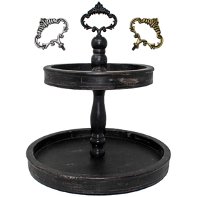 <b>Large</b> Rustic Natural <b>Wooden</b> Farmhouse Decor Stand Two Tiered Tray Wood With 3 Changeable Decorative Handles - Product Image 3