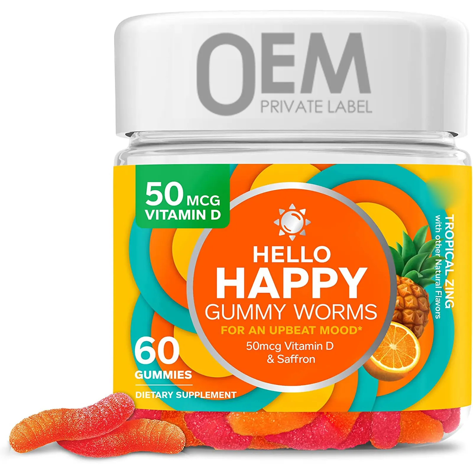 Oem Private Label Hallo Happy Gummies Ondersteunt Stemmingsbalans, Bevat Vitamine D, Saffraan, Volwassen Kauwbaar Supplement Tropisch Zing