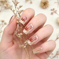 Faux Ongles Courts Carrés Personnalisés à Marque Privée en Gros, Motif Fleur Rouge et Ligne Dorée Chromée, Réutilisables, Qualité Salon
