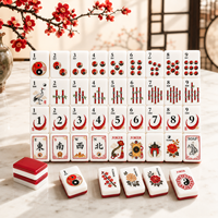 Set Ubin Mah Jongg Akrilik Lapis Ganda, Bagian Belakang Merah Tua, Motif Bambu Tradisional Yin Yang, Motif Naga Angin Joker Bunga