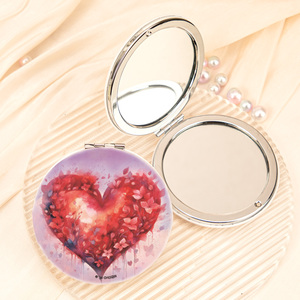 Espejo Compacto de Cuero PU con Diseño Floral de Corazón Rojo en Acuarela, Marco Redondo de Hierro Plateado, Espejo de Maquillaje de Bolsillo de Doble Cara con Cristal HD, Venta al por Mayor - Product Image 1
