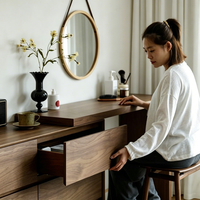 Table de toilette en bois massif couleur noyer, style Mid-Century, avec armoire de rangement intégrée, design simple et moderne pour chambre à coucher