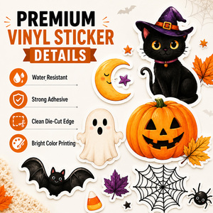 Pegatinas de vinilo troqueladas personalizadas OEM para Halloween, impermeables, con diseños de Jack O' Lantern, fantasma y gato negro, para <span class=keywords><strong>coche</strong></span>, portátil, botella de agua y decoración de fiestas. - Product Image 2