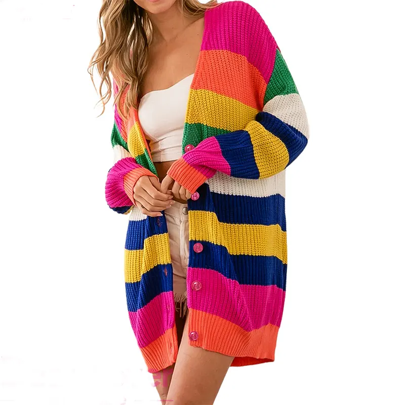 2024 Wholesale New Design High Quality Multicolor Striped Print Knitted Sweater Cardigan For Women