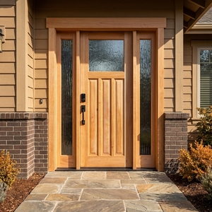 Puerta Exterior de Una Hoja con Paneles Laterales de Madera Sólida de Teca y Caoba, Estilo Artesanal, con Vidrios Laterales Texturizados de Longitud Completa - Product Image 5