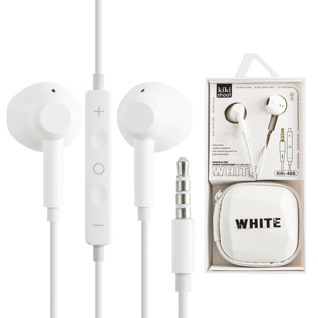 KIKI SHOOT Wholesale KIKI-466 Simple Black White Gray Earbuds with Zipper Storage Bag 3.5 mm Jack Wired Music Earphones