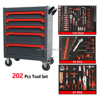 Chariot à outils professionnel pour mécanicien, 5 tiroirs, roues robustes, avec un ensemble complet de 202 outils à main pour atelier de réparation automobile