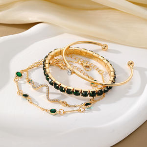 Pulsera de <span class=keywords><strong>serpiente</strong></span> de circón verde con incrustaciones de moda, conjunto de 4 pulseras ajustables de circón chapadas en oro, joyería de cena - Product Image 2