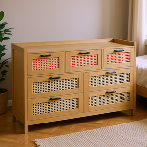 ตู้ลิ้นชักสไตล์โบโฮ 7 ลิ้นชัก สีเบอร์ลี่วูด ไม้หวาย แผงไม้หวาย ตู้เก็บของในห้องนอน มือจับและขาแข็งแรง - Product Image 2