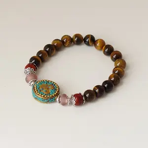 2404 Tự Nhiên Hổ Mắt Đá Quyến Rũ May Mắn Cầu Nguyện Tây Tạng Om Chakra Mala Hạt Phật Giáo Vòng Đeo Tay