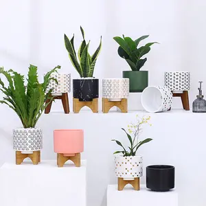 Hot Sale Modern Wholesale Succulent Planter Planet Pot Creative Ceramic Planter With Wooden Frame For Hydroponic Plant