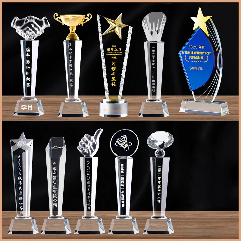 professional ceremony award trophy custom service metal cup trophy k9 crystal wood trophy for ceremony gift