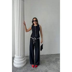 Conjunto de chaleco y pantalón de lino con bordes ribeteados en negro, traje de mujer, talla S - Product Image 6