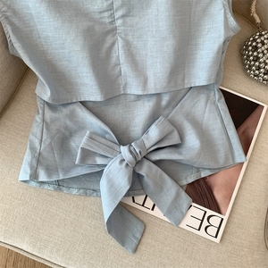 Ärmellose Bluse im koreanischen Stil mit lockerer Passform, kurze Weste, französisch inspirierte Baumwoll-Leinen-Reiß verschluss oberteil mit Reiß verschluss - Product Image 3