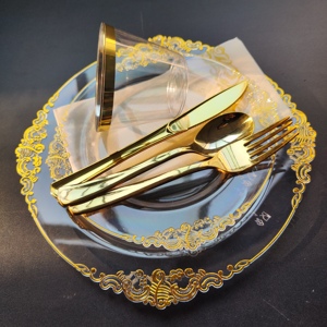 Assiettes de fête en plastique blanc pour 25 invités, motif floral, avec bord doré, vaisselle jetable élégante et de qualité supérieure - Product Image 3