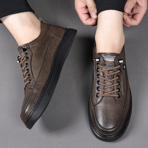 Baskets décontractées en cuir blanc pour hommes, bout rond, semelle souple en caoutchouc, à lacets, chaussures de marche, couleur unie, style streetwear tendance - Product Image 2