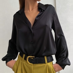 Camisa de Manga Larga para Mujer, Blusa de Satén Brillante con Solapa, Ropa de Moda - Product Image 6