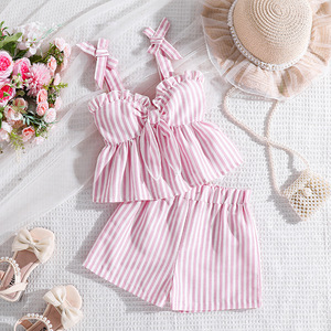 Conjunto de Top sin Mangas y Pantalones Cortos a Rayas Rosa y Blanco, Transpirable y Cómodo, para Niños, Ropa Casual de Verano para Uso Diario al Aire Libre - Product Image 1