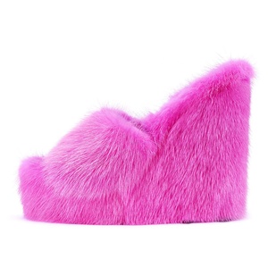 Mules en fourrure à bout ouvert pour femmes, talons hauts moelleux, <span class=keywords><strong>plateforme</strong></span> <span class=keywords><strong>rose</strong></span>, sandales compensées - Product Image 1