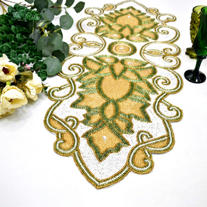 Camino de Mesa de Tela con Cuentas Hecho a Mano de Lujo de Ali Fashion Art, Forma Personalizada, Duradero, Ecológico, con Bordado Verde y Dorado - Product Image 1