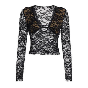 Women's <b>Black</b> Sheer Lace Long Sleeve Crop <b>Top</b> Deep V Neck Slim Fit <b>See</b> <b>Through</b> <b>Top</b> Sexy Party Evening Clubwear - Product Image 6