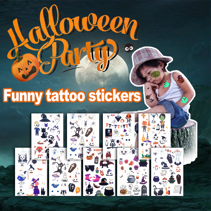 Custom waterproof halloween skull glow in dark glitter luminous kids ephemeral fake tattoo