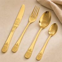 Ensemble de couverts de mariage classiques en acier inoxydable, poli miroir, durable, portable, compatible lave-vaisselle, réutilisable, motif floral