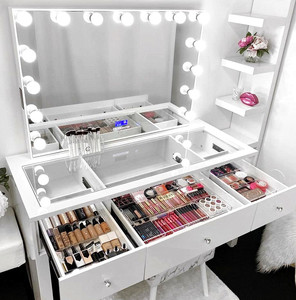 Coiffeuse moderne blanche avec éclairage LED, style bureau, miroir intégré, en bois, pour <span class=keywords><strong>chambre</strong></span> à coucher et salon, avec rangement - Product Image 4