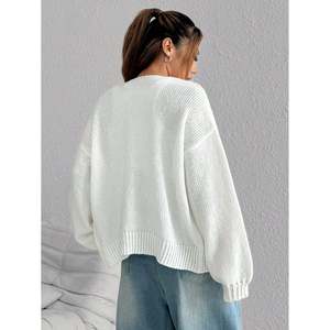 Cardigan blanc côtelé à col en V pour femme, pull léger en tricot, haut ouvert sur le devant - Product Image 6