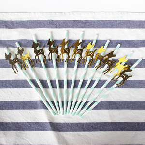 Joinhot Golden Deer Paper Straws Light Green Striped 12 Piece Set Disposable Party Decorations - Product Image 3