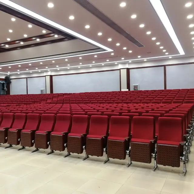Kursi Teater Kain Kaki Logam Campuran Aluminium Empuk Kayu Modern dengan Tablet Plastik Menulis