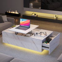 Table basse Kainice moderne en verre marbré et bois, multifonctionnelle, avec chargeur sans fil, lumière LED, plateau relevable, blanche, meuble de maison dissimulé
