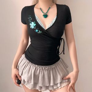 Womens Y2K Side Tie V Neck <b>Sequin</b> Lace Patchwork Slim Fit T Shirt <b>Top</b> Streetwear - Product Image 3