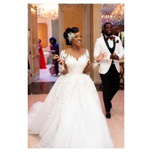 Vestidos de Novia Africanos de Gala con Mangas Largas, Encaje Aplicado y Cuentas, Vestidos de Novia Largos con Cuello Redondo Transparente, Tallas Grandes - Product Image 1