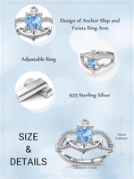 Bague Ancre en Argent Sterling S925 avec Aquamarine Naturelle 1 Carat, Réglable, Bijou Pierre de Naissance de Mars pour Femme, Vente en Gros
