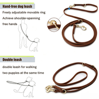 Laisse pour chien OEM de 8 pieds en cuir véritable, réglable, mains libres, avec quincaillerie en laiton, double poignée, pour la randonnée