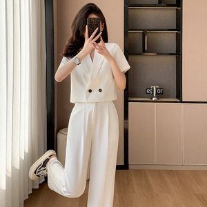Women's Short Sleeve Suit Set Autumn Casual Satin Anti-Wrinkle Professional Stylish Pants Jacket For Petite Figures - Product Image 4