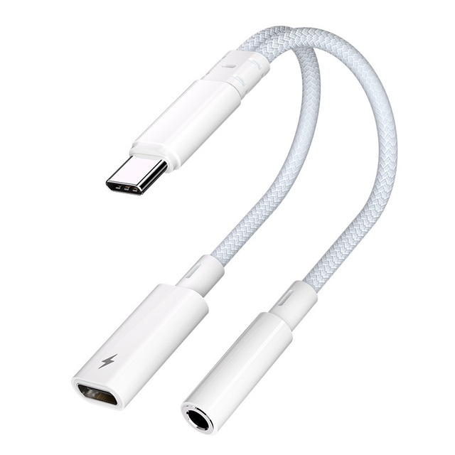2-in-1 Type-C Digital Audio Adapter Cable 3.5mm Phone Headphone Charger 3A Fast Charging Braid TPE Compatible Data Cables for AP
