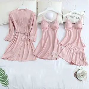 4 adet seksi saten iç çamaşırı Babydoll setleri kadınlar sıcak dantel gecelik pijama seti