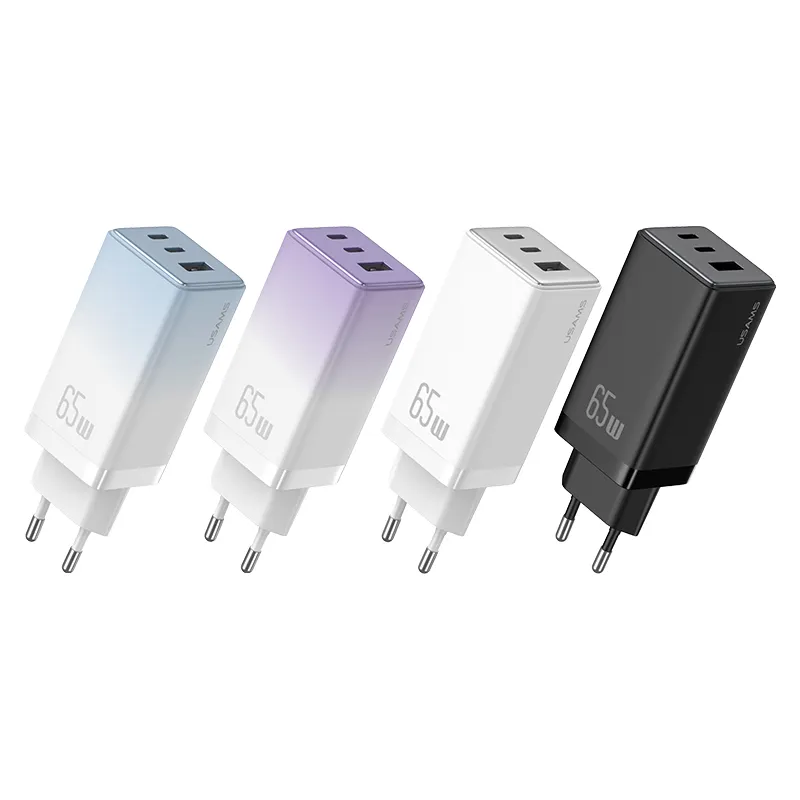 USAMS Portable 65W 3 Ports GaN PD+QC EU Mobile Phone Adapter Fast Charging Charger for iphone