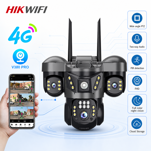 V380 New Solar Powered 6MP Security CCTV Wireless LTE 4G Network PTZ Triple-lens Smart 3 Lens and 3 Screen Solar Camera