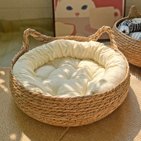 OF Lit pour chat en paille écologique fait à la main nid de chat en rotin avec oreiller