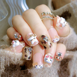 24 pièces/boîte Faux ongles à presser faits main, motif chaton Kawaii, en ABS, couvrance totale, formes Ballerine, Cercueil, Amande, Carré court - Product Image 6